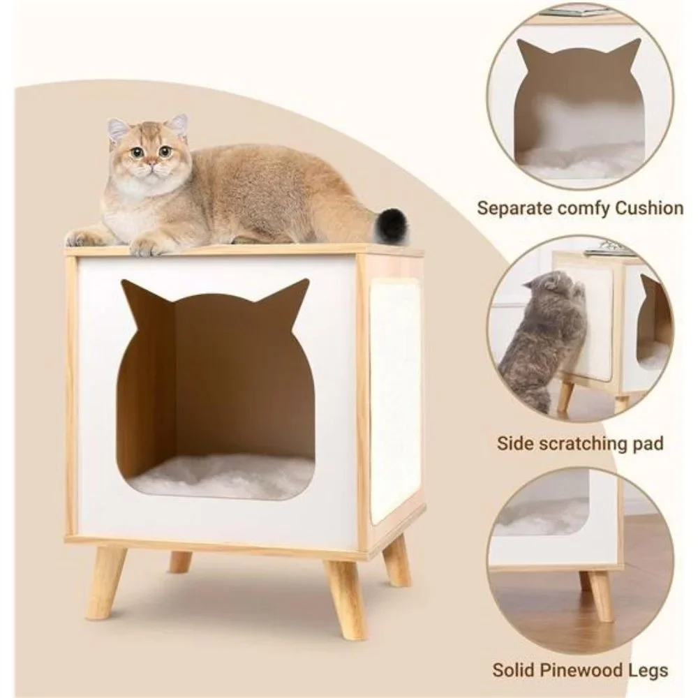 Wooden Cat House, Cat Condo Wood Kitten Hidden Cave TV Cat Bed with Cushion